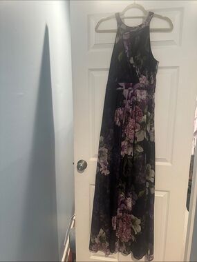 Jessica Howard Black Maxi Dress with Purple Floral and Green Leaf Print
